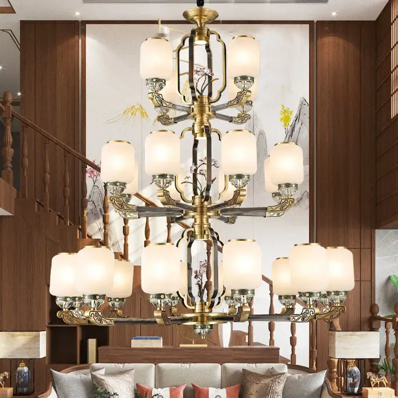 Traditional chinese brass jade chandelier living room lighting