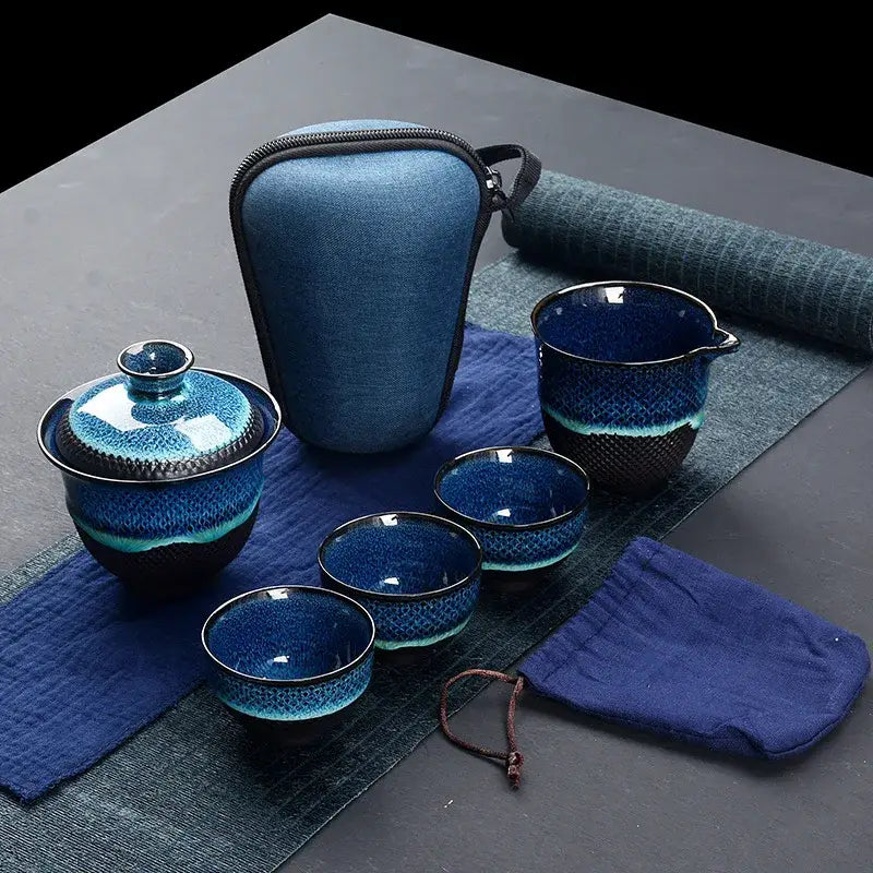 Blue and teal crackle glaze ceramic tea set dining room drinkware
