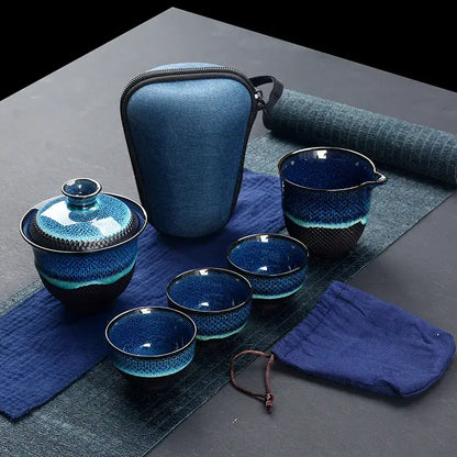 Blue and teal crackle glaze ceramic tea set dining room drinkware