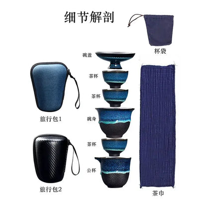 Blue and teal crackle glaze ceramic tea set dining room drinkware