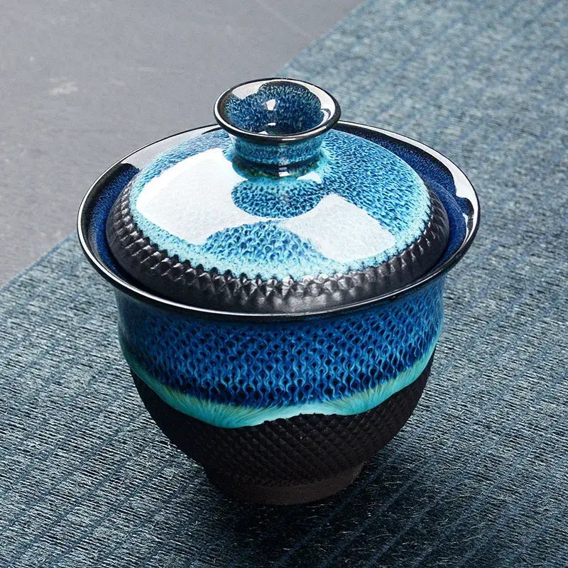 Blue and teal crackle glaze ceramic tea set dining room drinkware