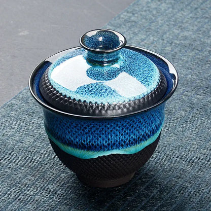 Blue and teal crackle glaze ceramic tea set dining room drinkware