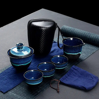 Blue and teal crackle glaze ceramic tea set dining room drinkware