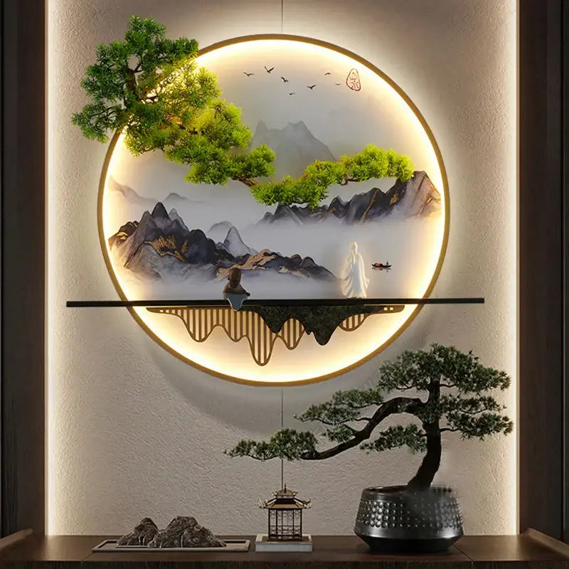 Chinese landscape circular led wall lamp living room art