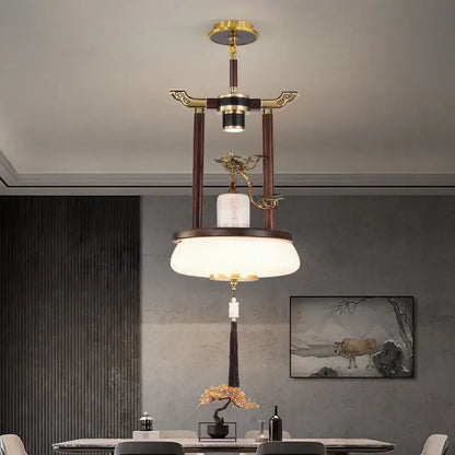 Retro wood and gold chinese lantern chandelier living room light