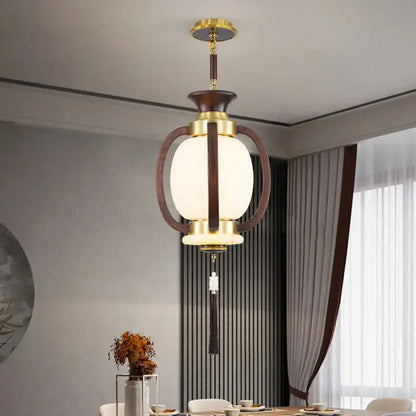 Retro wood and gold chinese lantern chandelier living room light