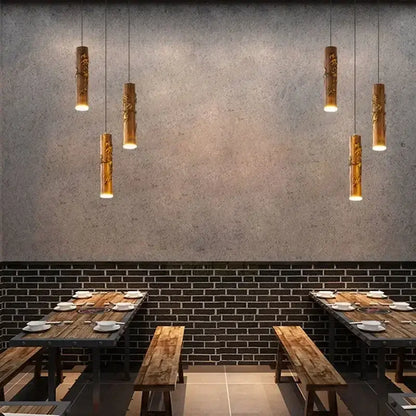 Chinese modern art bamboo pendant light dining room golden leaf leaf