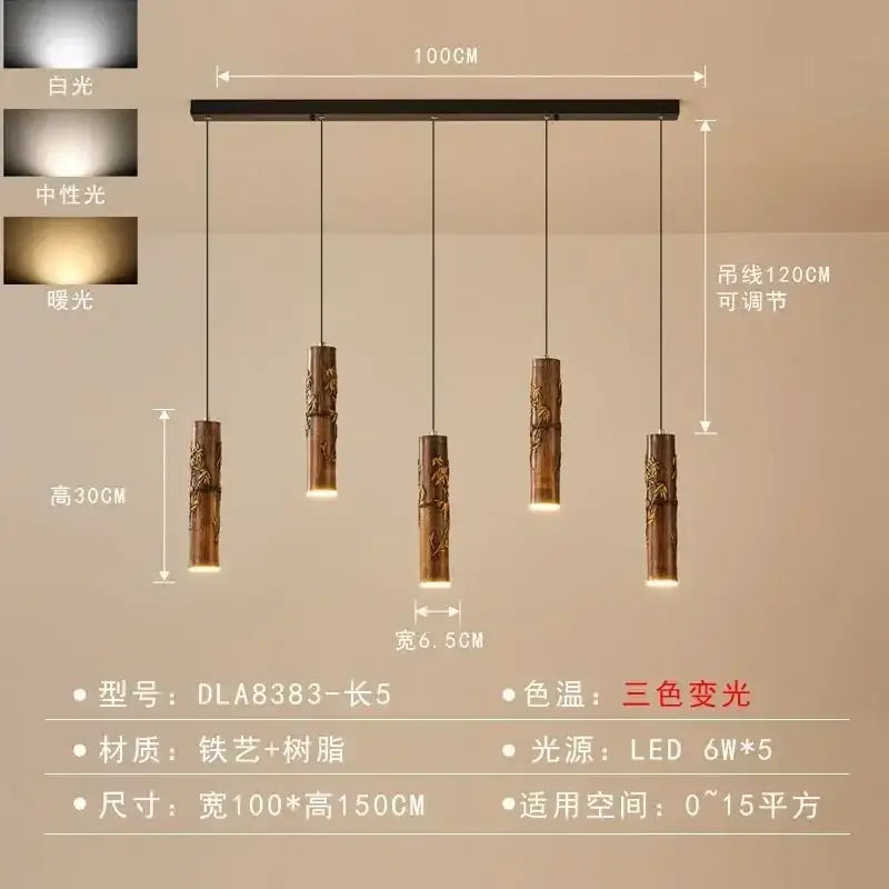 Chinese modern art bamboo pendant light dining room golden leaf leaf