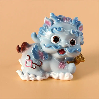 Yellow and turquoise ceramic mythology lion figurines living room decor