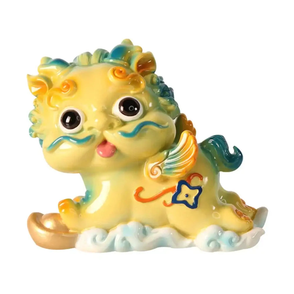 Yellow and turquoise ceramic mythology lion figurines living room decor