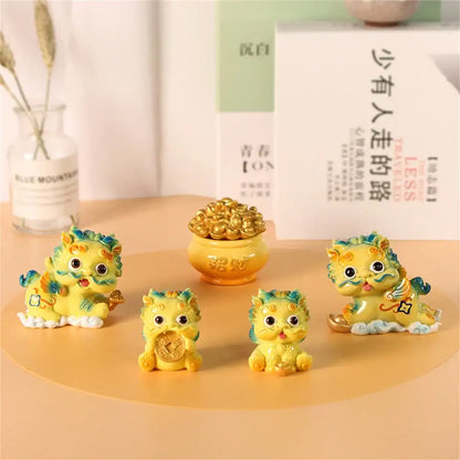 Yellow and turquoise ceramic mythology lion figurines living room decor