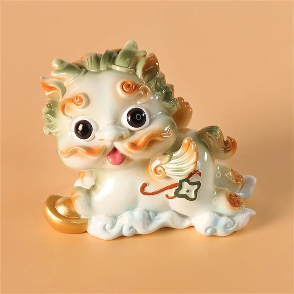 Yellow and turquoise ceramic mythology lion figurines living room decor