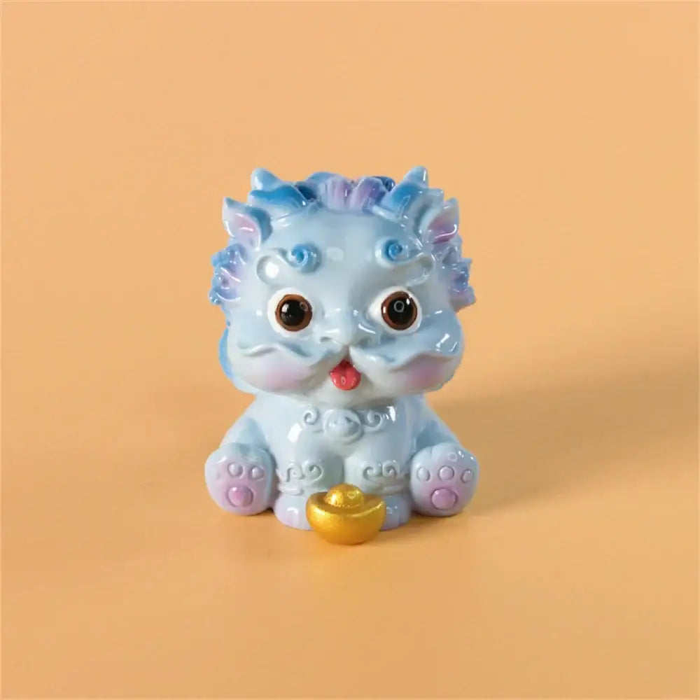 Yellow and turquoise ceramic mythology lion figurines living room decor