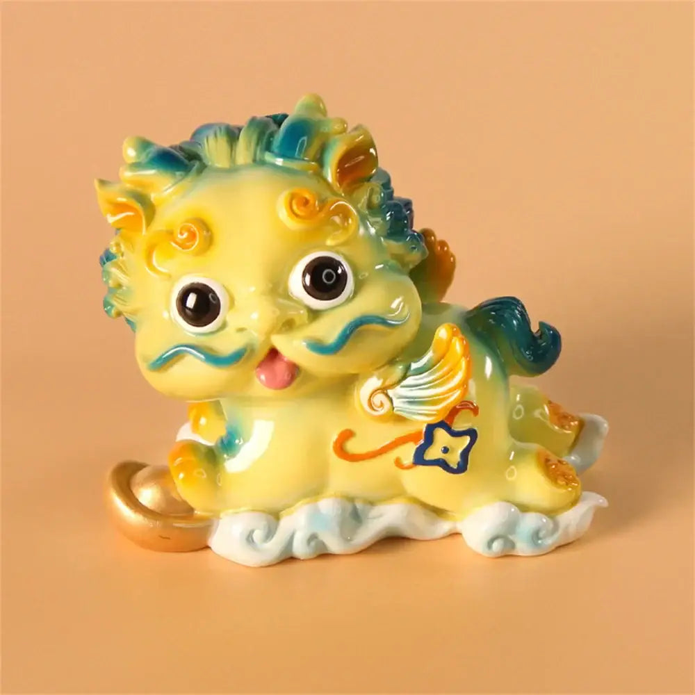 Yellow and turquoise ceramic mythology lion figurines living room decor
