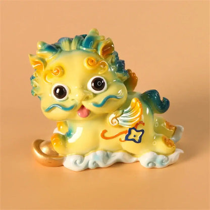 Yellow and turquoise ceramic mythology lion figurines living room decor