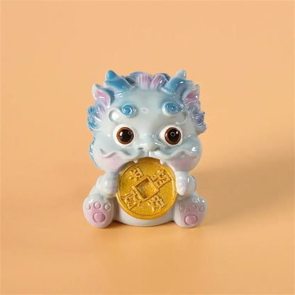 Yellow and turquoise ceramic mythology lion figurines living room decor
