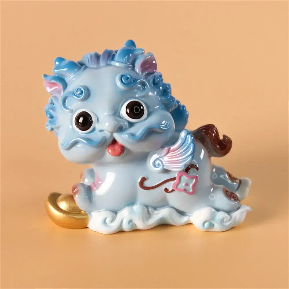 Yellow and turquoise ceramic mythology lion figurines living room decor