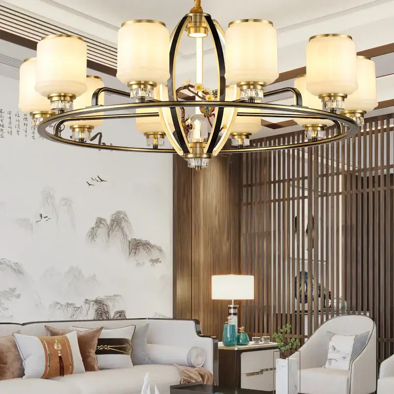Luxury gold natural jade copper chandelier for living space