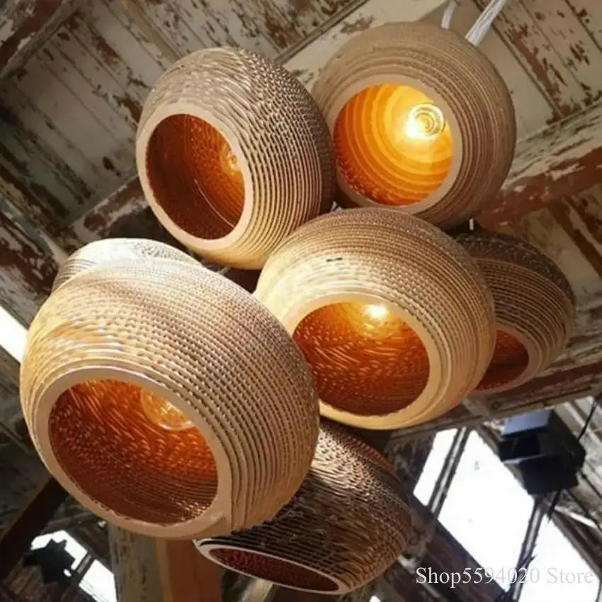 Southeast asian golden ribbed paper pendant light living room