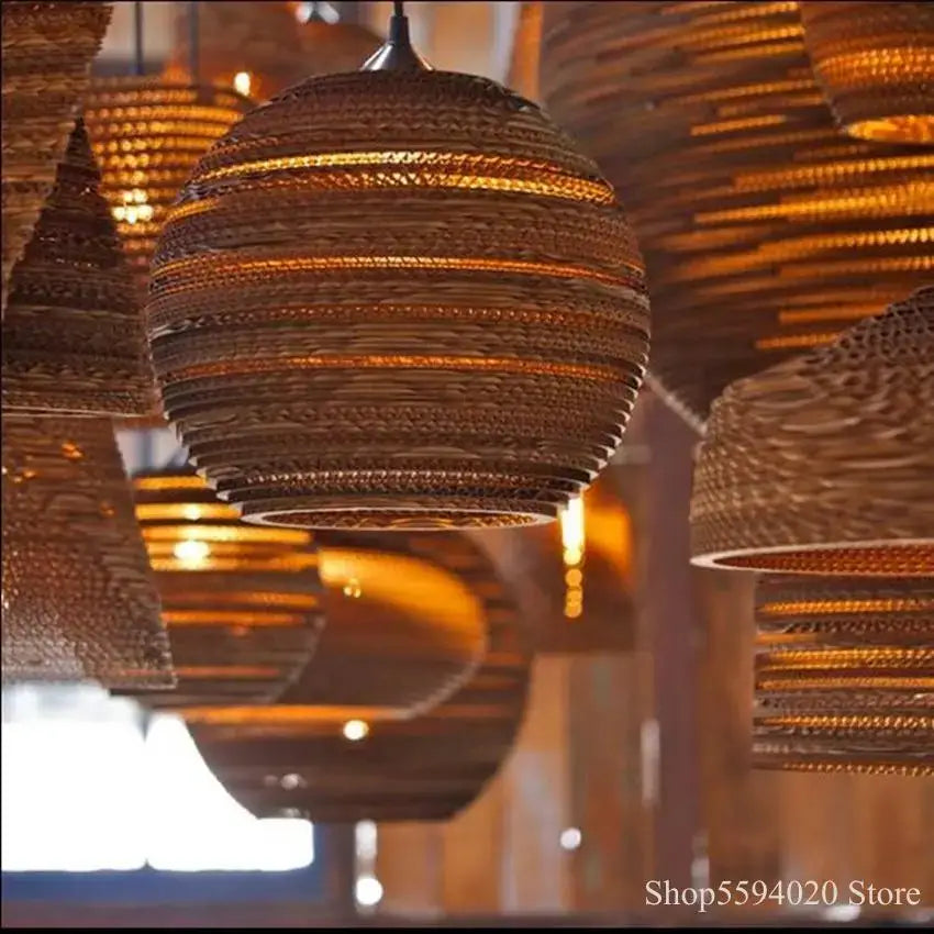 Southeast asian golden ribbed paper pendant light living room