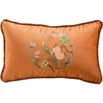 Embroidered chinese peony flower and bird print vermilion pillow cover