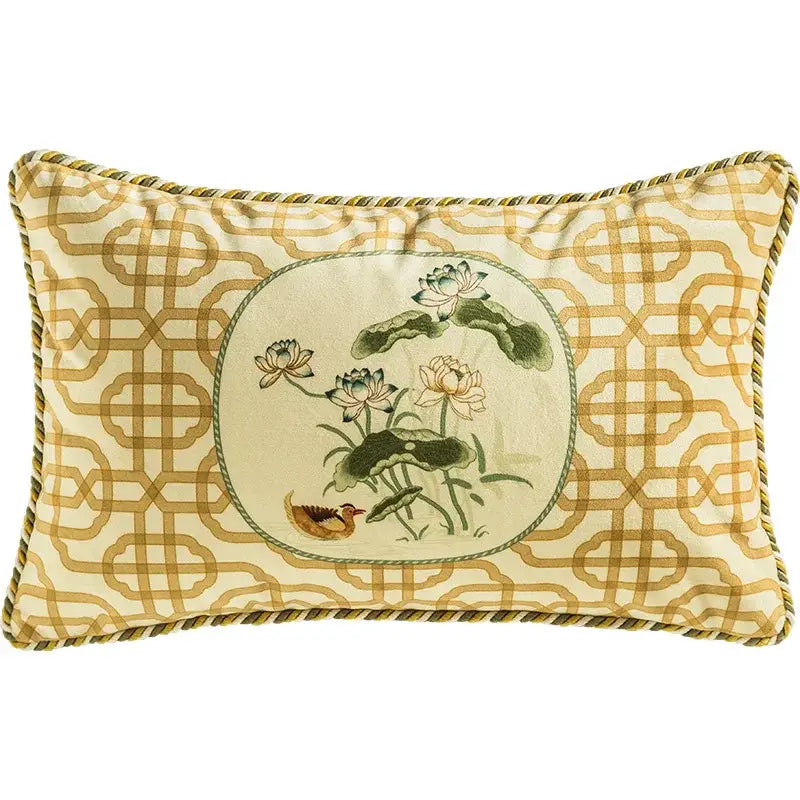 Embroidered chinese peony flower and bird print vermilion pillow cover