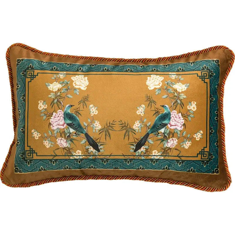 Embroidered chinese peony flower and bird print vermilion pillow cover