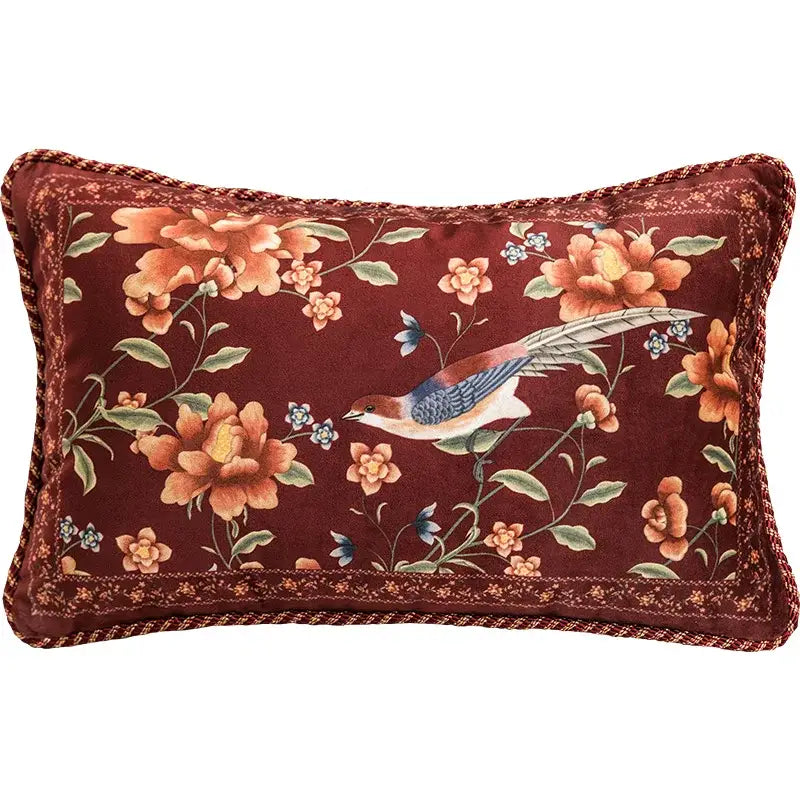 Embroidered chinese peony flower and bird print vermilion pillow cover