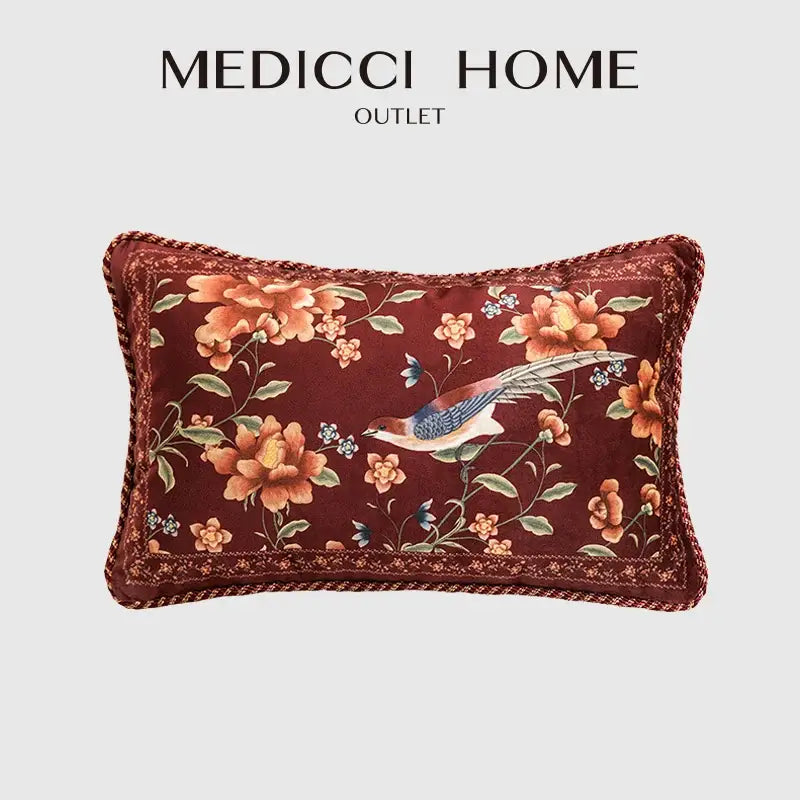 Embroidered chinese peony flower and bird print vermilion pillow cover