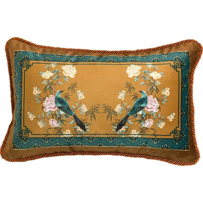 Embroidered chinese peony flower and bird print vermilion pillow cover