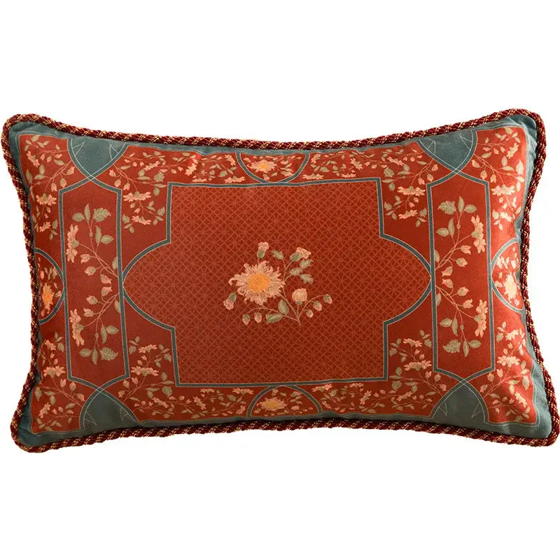 Embroidered chinese peony flower and bird print vermilion pillow cover