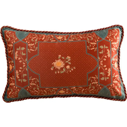 Embroidered chinese peony flower and bird print vermilion pillow cover