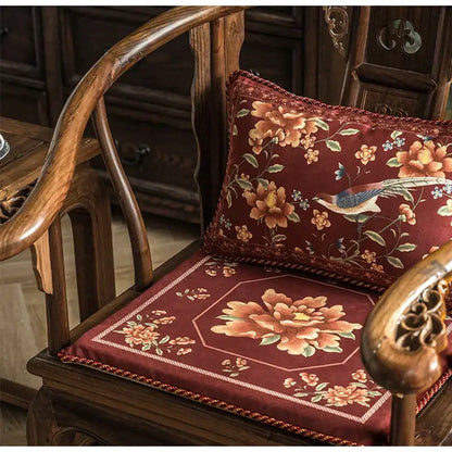 Embroidered chinese peony flower and bird print vermilion pillow cover