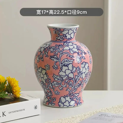 Chinese retro pink & silver porcelain vase living room floral decor