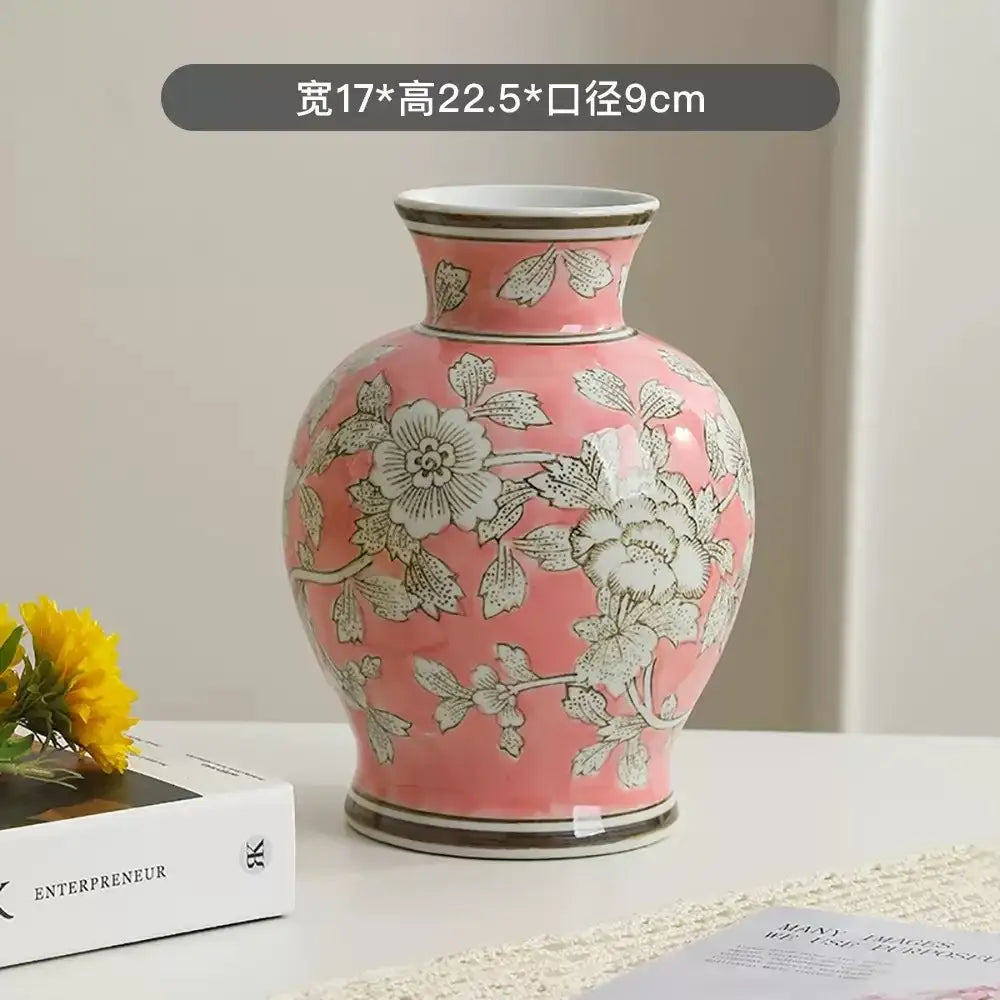Chinese retro pink & silver porcelain vase living room floral decor