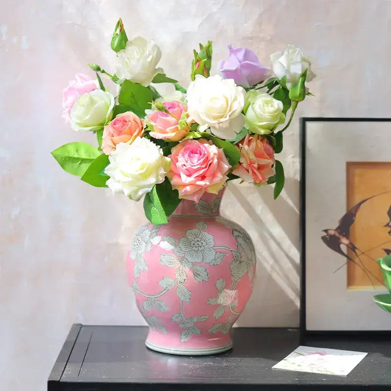 Chinese retro pink & silver porcelain vase living room floral decor