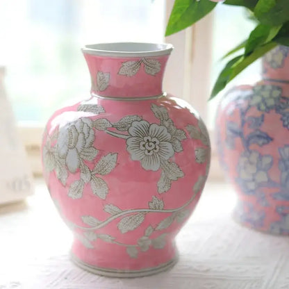 Chinese retro pink & silver porcelain vase living room floral decor