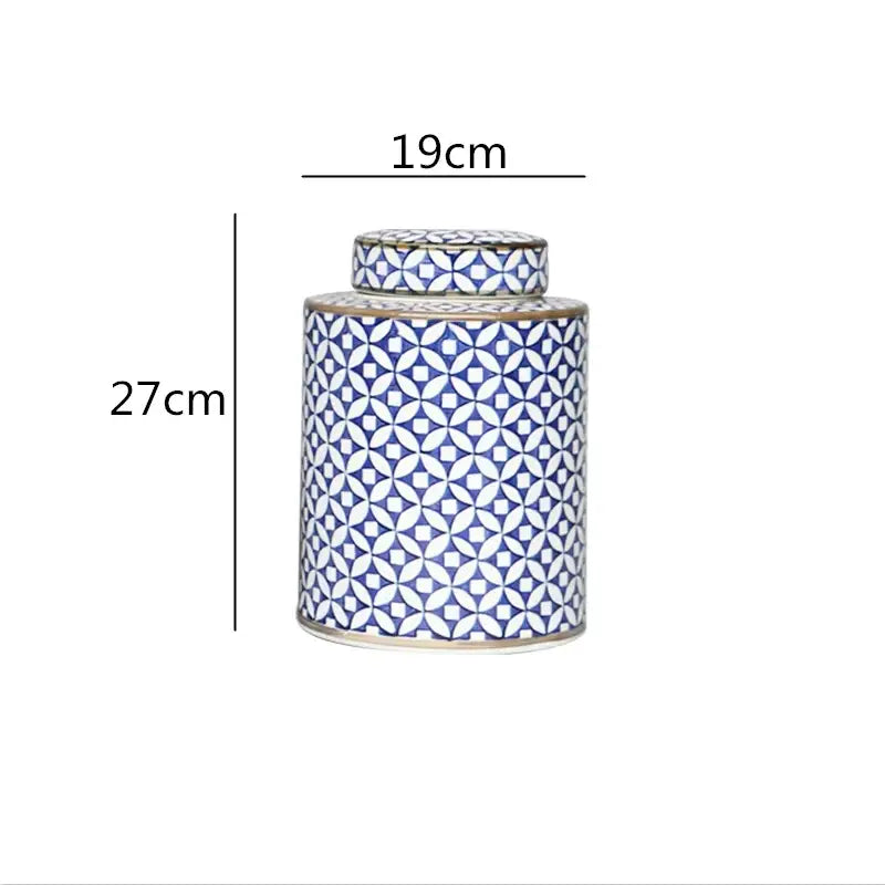 Retro ceramics golden blue & white storage jar living room decor