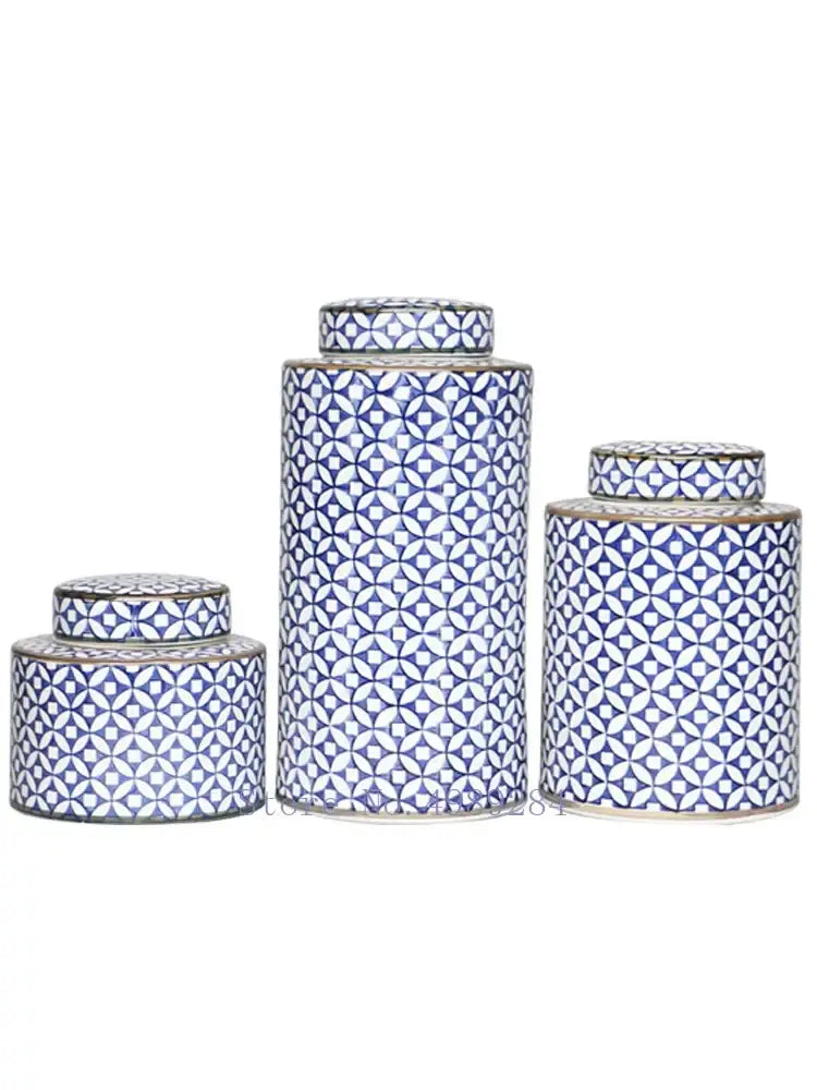 Retro ceramics golden blue & white storage jar living room decor
