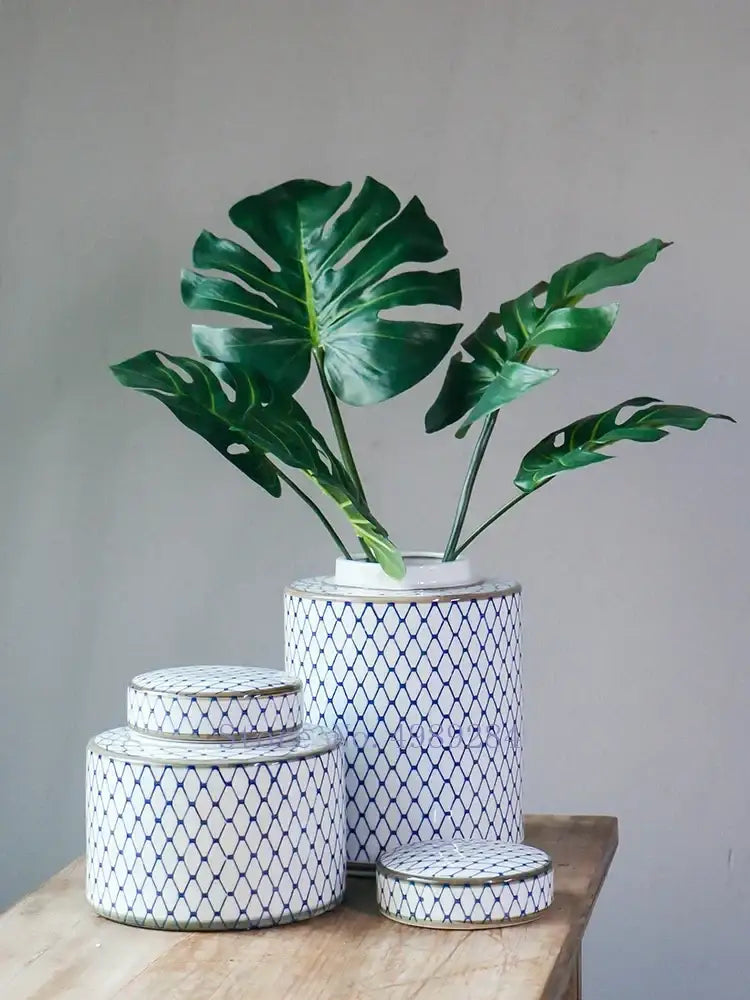 Retro ceramics golden blue & white storage jar living room decor