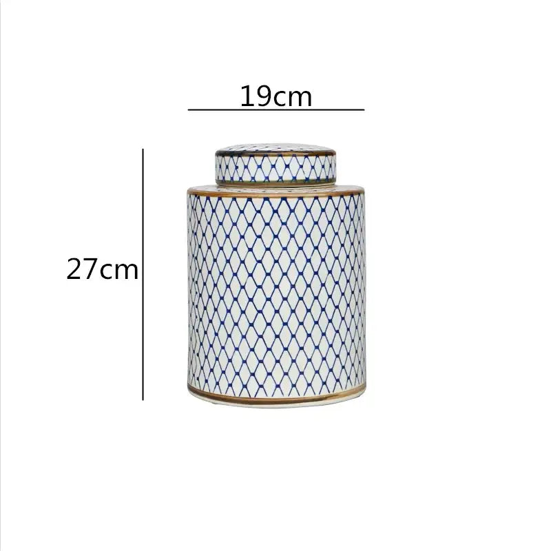 Retro ceramics golden blue & white storage jar living room decor