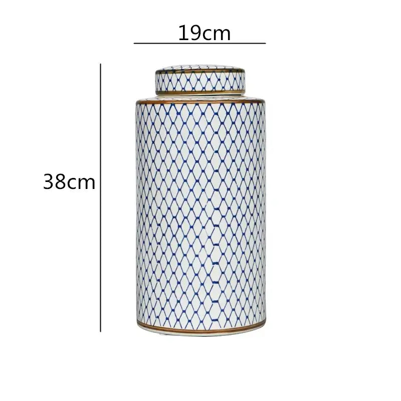 Retro ceramics golden blue & white storage jar living room decor