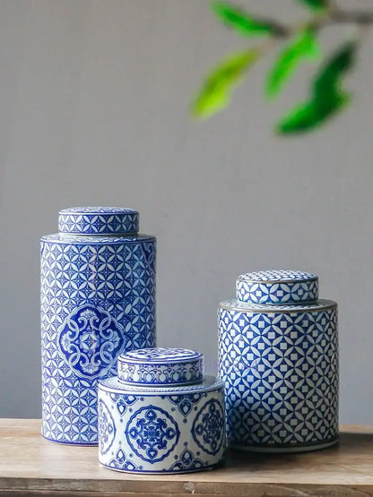 Retro ceramics golden blue & white storage jar living room decor