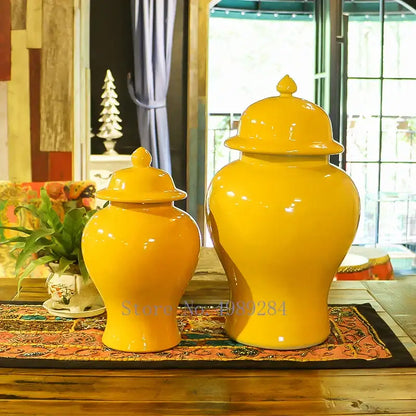 Retro yellow ceramic general jar vase set for living room storage