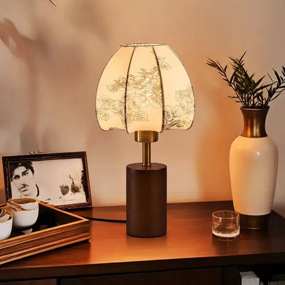 Chinese retro patterned fabric bedside lamp bedroom gold floral decor