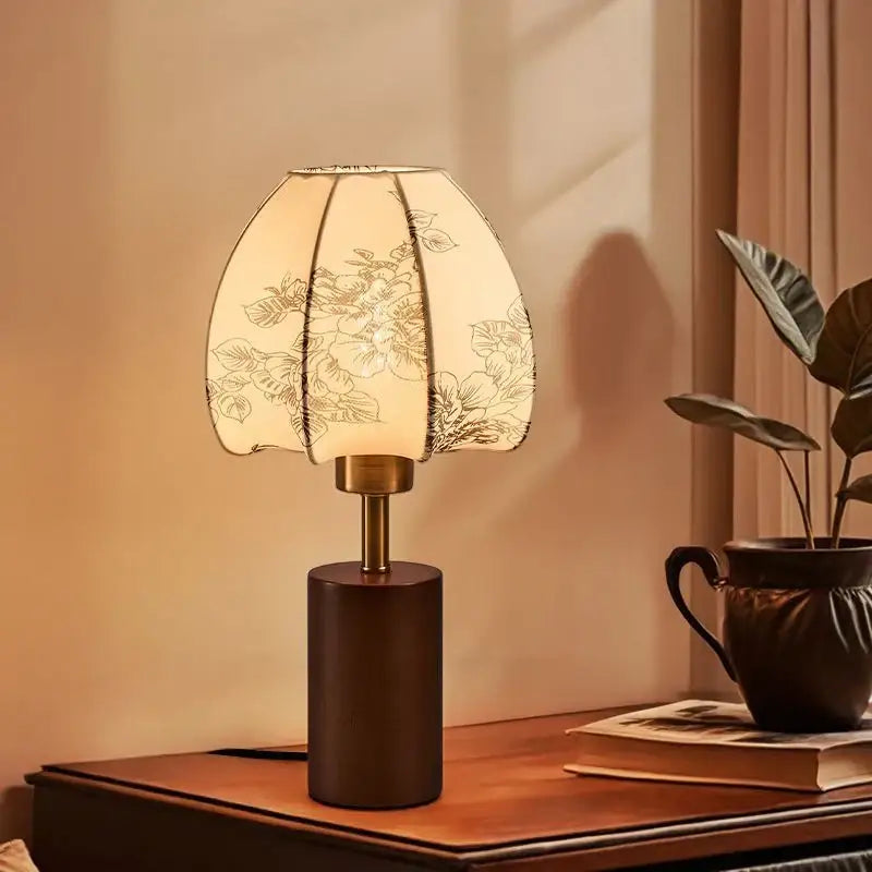Chinese retro patterned fabric bedside lamp bedroom gold floral decor