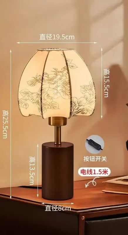 Chinese retro patterned fabric bedside lamp bedroom gold floral decor