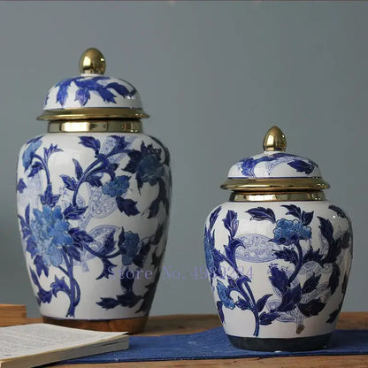 Chinese retro blue & white porcelain storage tank vase living room