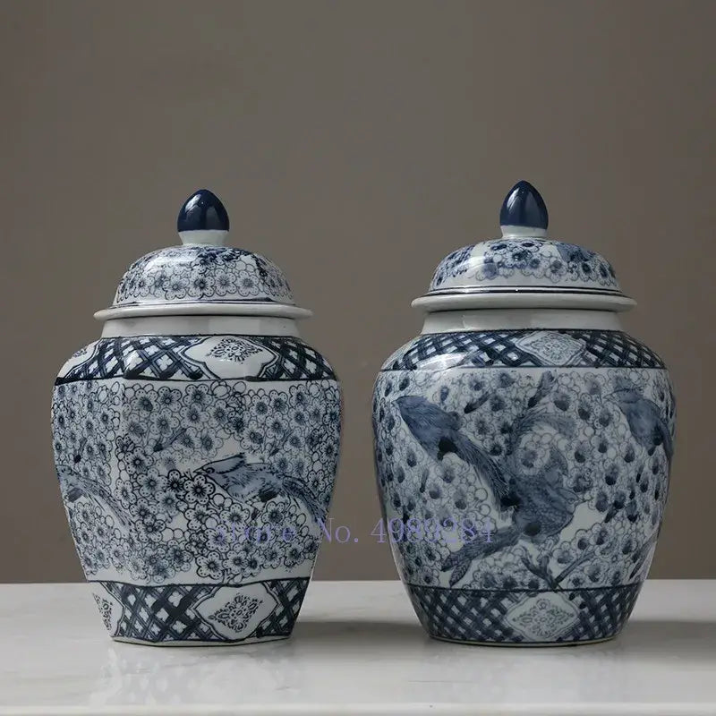 Chinese retro blue & white porcelain storage tank vase living room