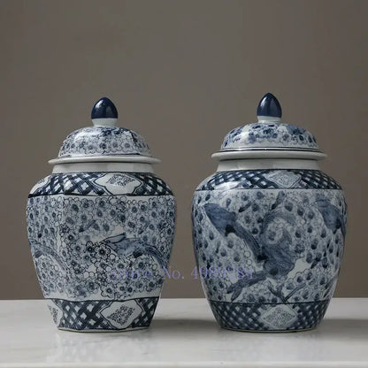 Chinese retro blue & white porcelain storage tank vase living room